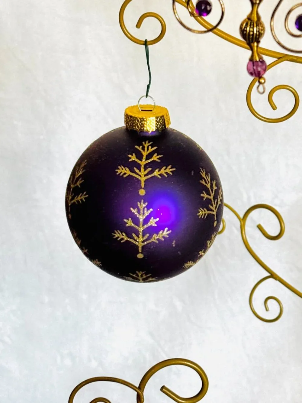 5 Peacock Feather Christmas Tree Ornaments Purple Teal Gold Glittered Gemstone